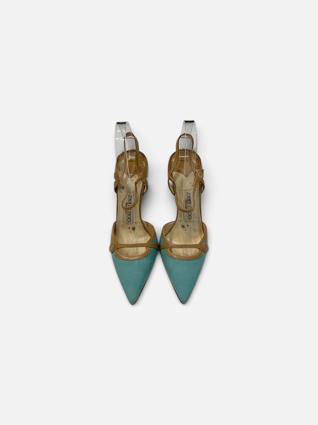 Jimmy Choo Pointed-Toe Slingback Heels – Turquoise & Tan | Size 38.5