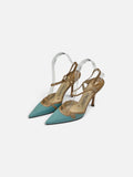 Jimmy Choo Pointed-Toe Slingback Heels – Turquoise & Tan | Size 38.5