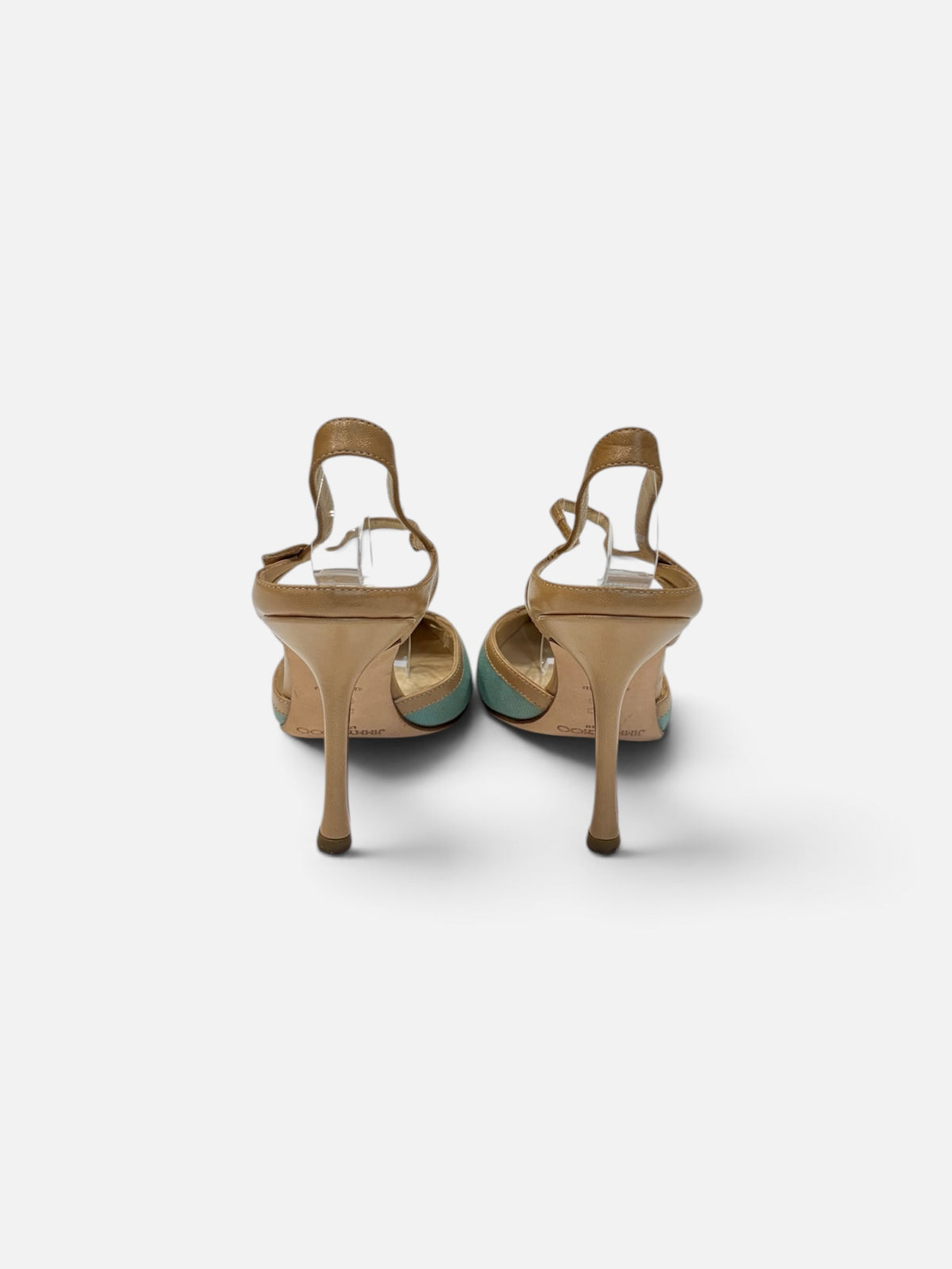Jimmy Choo Pointed-Toe Slingback Heels – Turquoise & Tan | Size 38.5