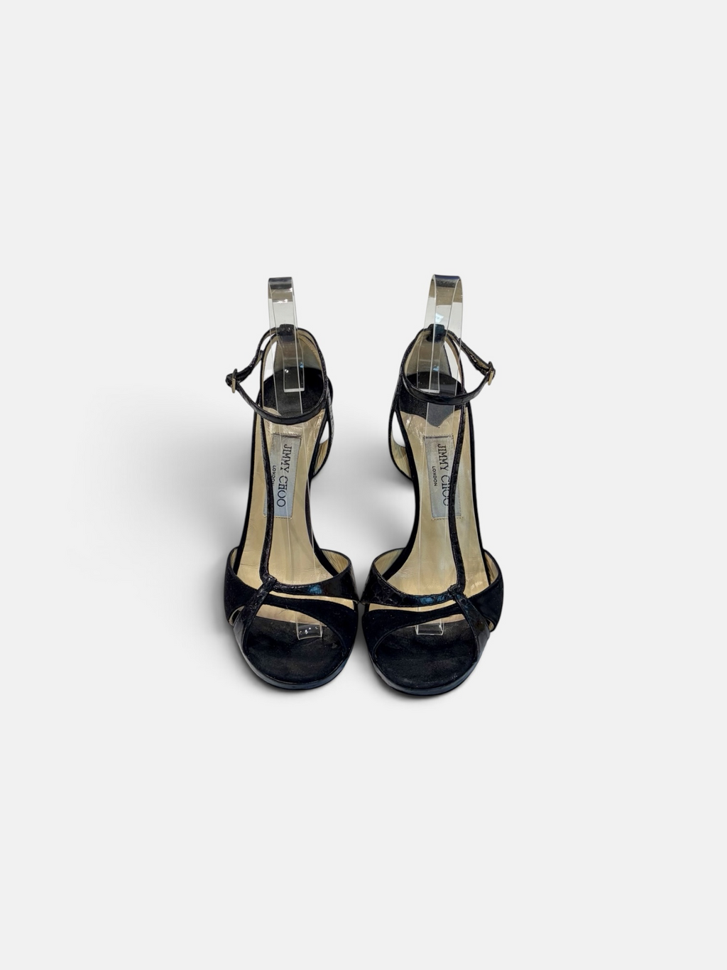 Jimmy Choo Satin & Patent T-Strap Heeled Sandals – Black | Size 38.5