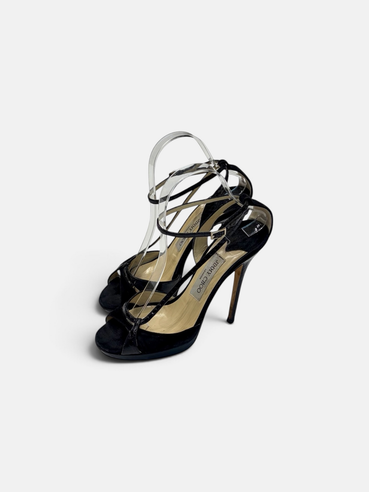 Jimmy Choo Satin & Patent T-Strap Heeled Sandals – Black | Size 38.5