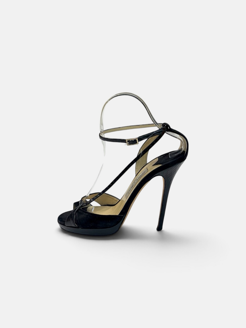 Jimmy Choo Satin & Patent T-Strap Heeled Sandals – Black | Size 38.5