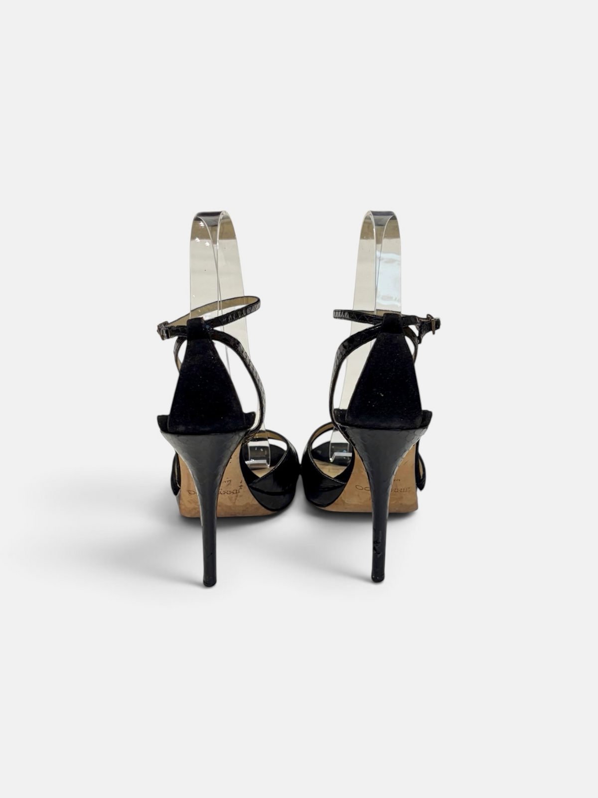 Jimmy Choo Satin & Patent T-Strap Heeled Sandals – Black | Size 38.5