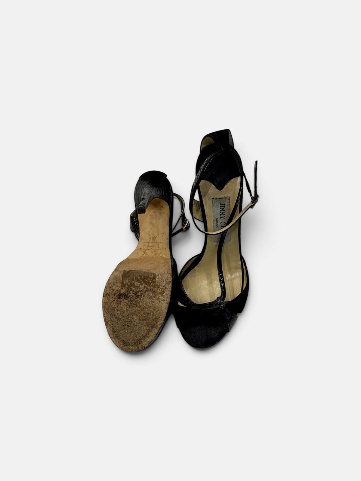 Jimmy Choo Satin & Patent T-Strap Heeled Sandals – Black | Size 38.5