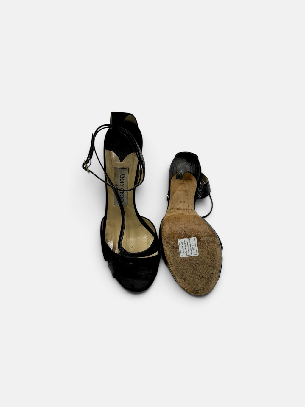 Jimmy Choo Satin & Patent T-Strap Heeled Sandals – Black | Size 38.5