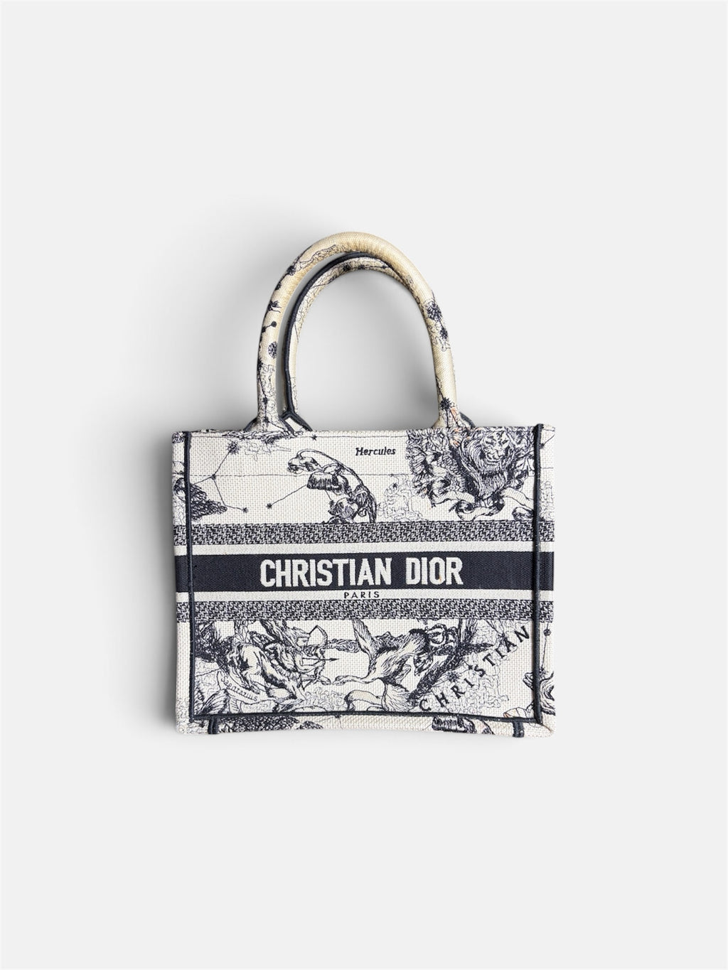 Last Season Christian Dior Book Tote in white and black canvas with intricate celestial and mythological embroidery.