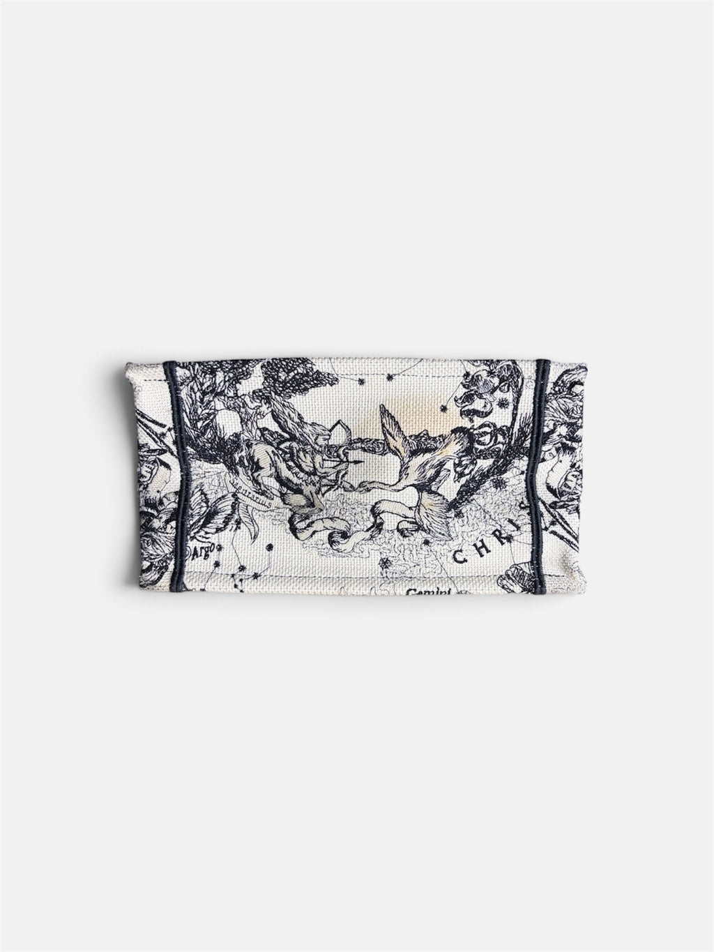 Last Season Christian Dior Book Tote in white canvas with intricate black celestial and mythological embroidery.