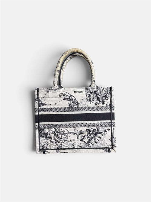 Last Season Christian Dior Book Tote in black and white canvas with intricate celestial and mythological embroidery.