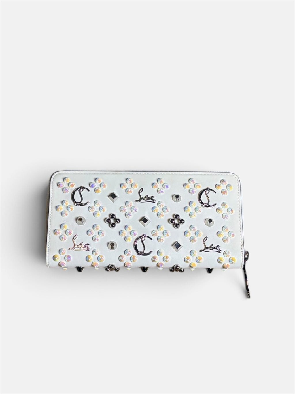 Last Season Christian Louboutin white leather zip-around wallet with iridescent studs and metallic logo detailing.