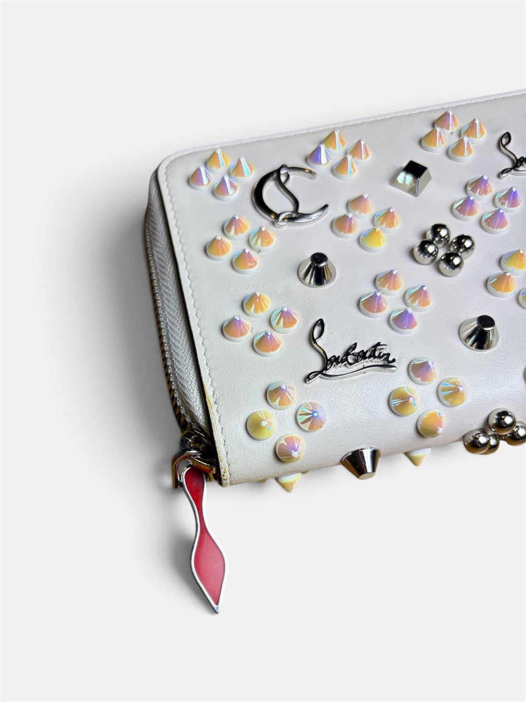 Last Season Christian Louboutin white leather zip-around wallet with iridescent studs and signature red zipper pull