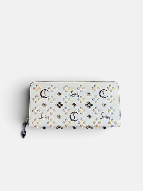 Last Season Christian Louboutin white leather zip-around wallet with iridescent studs and signature logo hardware