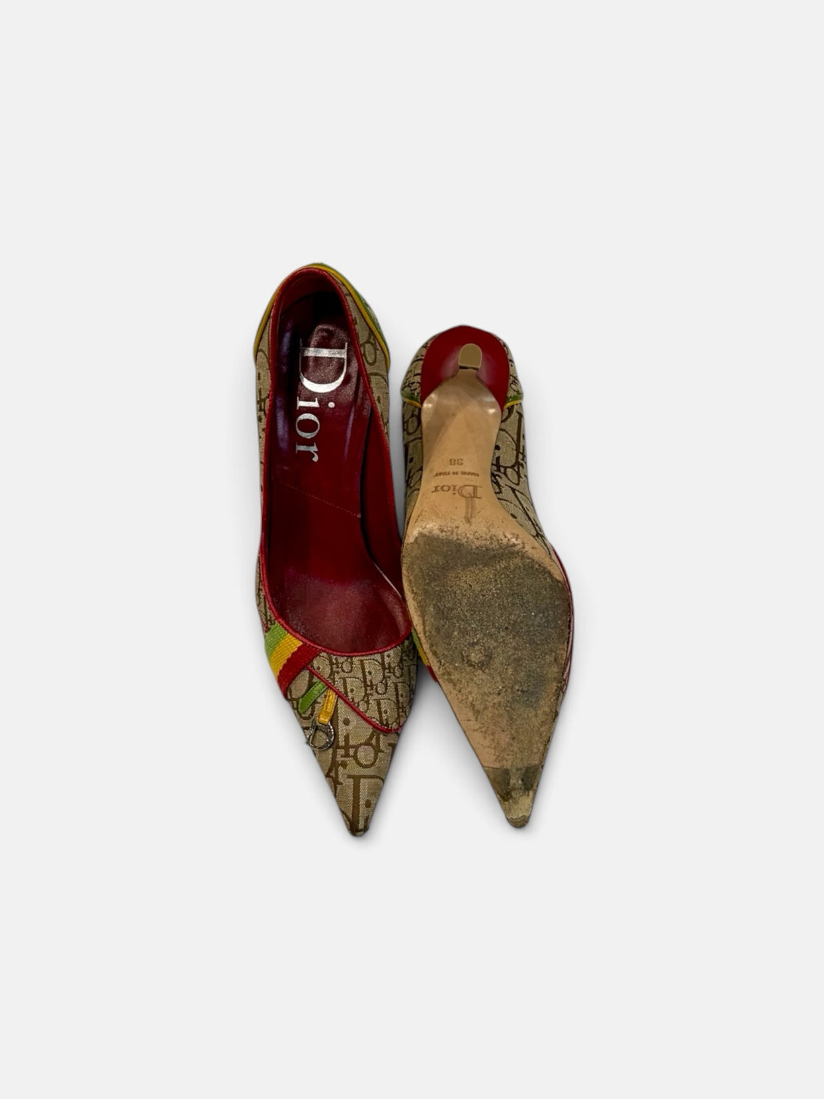 Last Season vintage Dior monogram canvas pointed toe stiletto pumps with red leather lining and colorful accents