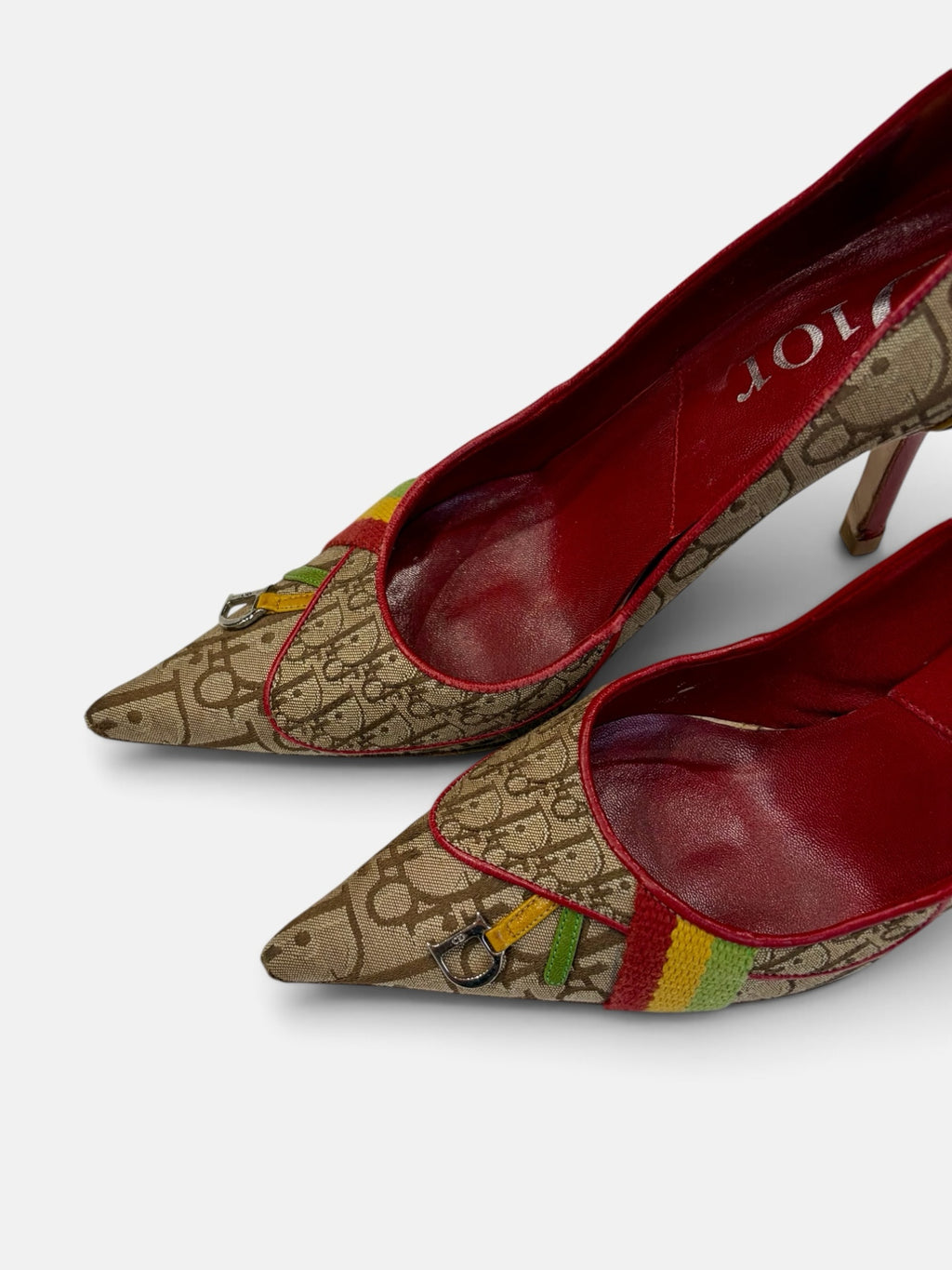 Last Season vintage Dior monogram canvas pointed toe stiletto pumps with red leather lining and colorful accents