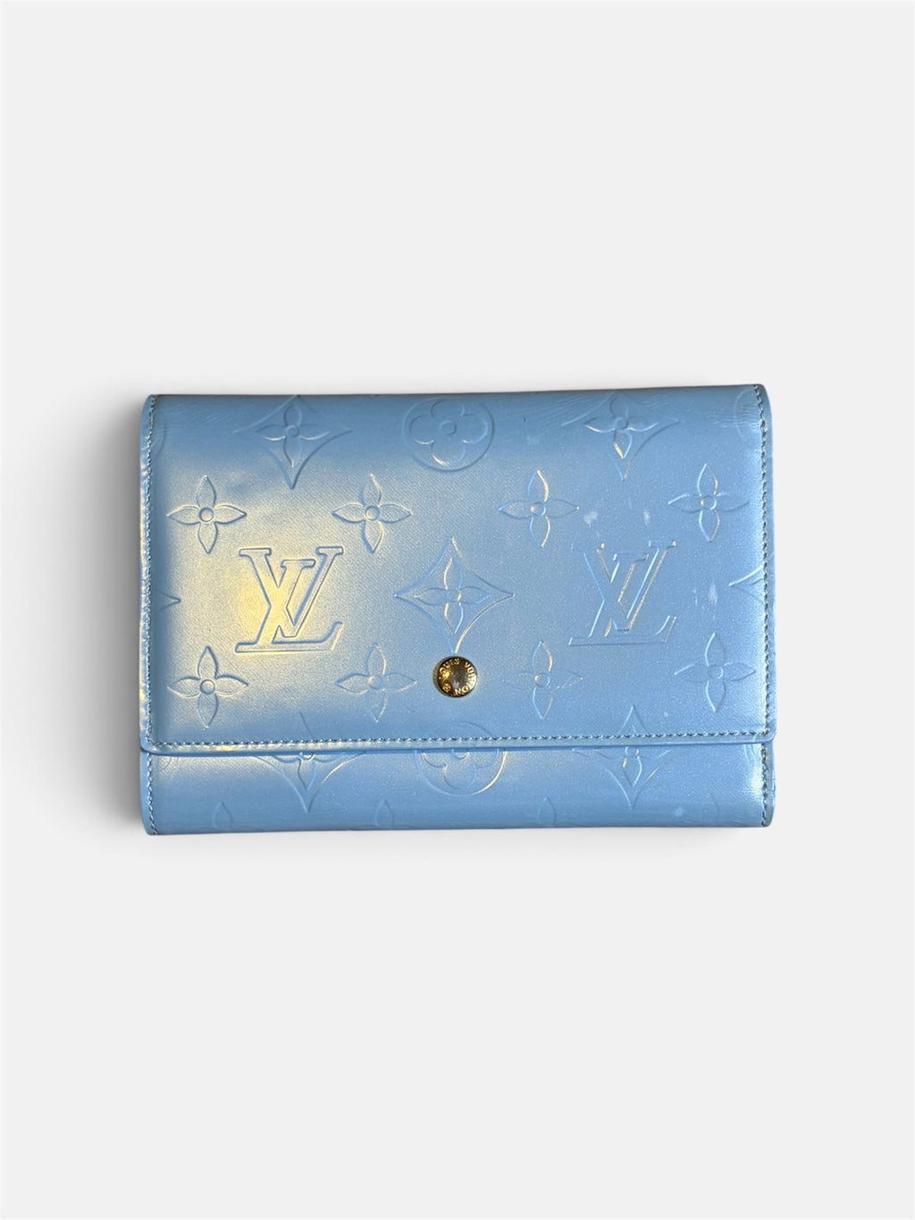 Last Season Louis Vuitton blue patent leather wallet with embossed Monogram pattern and gold snap button closure