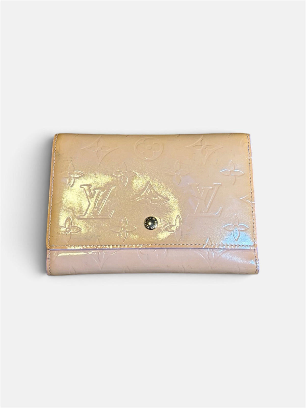 Last Season Louis Vuitton blush pink patent Vernis leather trifold wallet with embossed monogram and snap closure