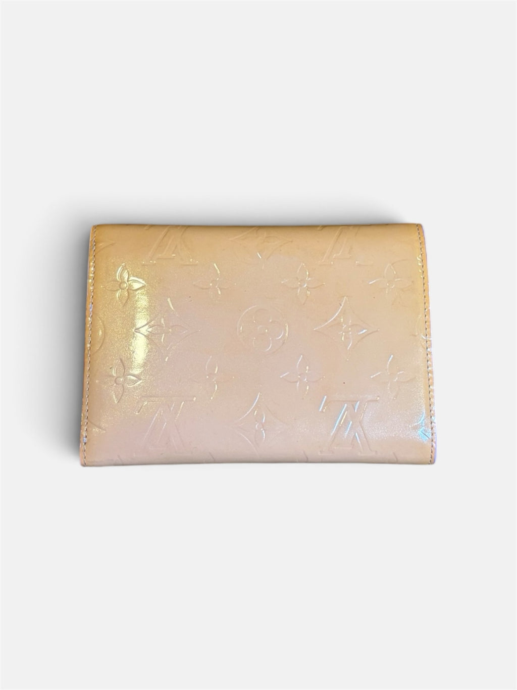 Last Season Louis Vuitton blush-pink patent Vernis leather trifold wallet with embossed monogram pattern